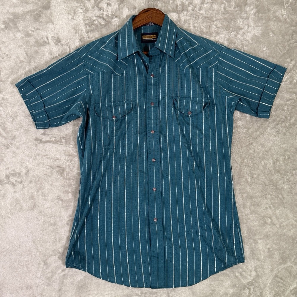 Vintage Panhandle Slim Pearl Snap Shirt Mens 15 1/2 Turquoise Blue Western M